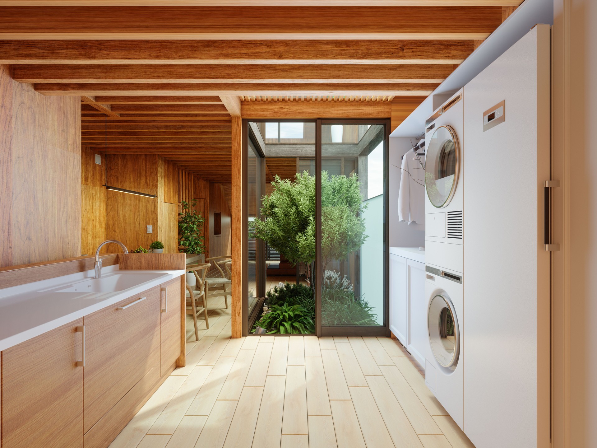 Empty Kitchen With Washing Machine, Dryer,  Wooden Cabinets And Parquet Floor